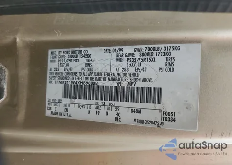 1999 Ford Econoline E150 Wagon from USA, damaged, VIN 1FMRE11W4XHB98008